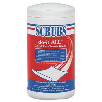 SCRUBS® Do-it All Germicidal Cleaner Wipes, Lemon, 7" X 8", White, 75-container, 6-ct freeshipping - TVN Wholesale